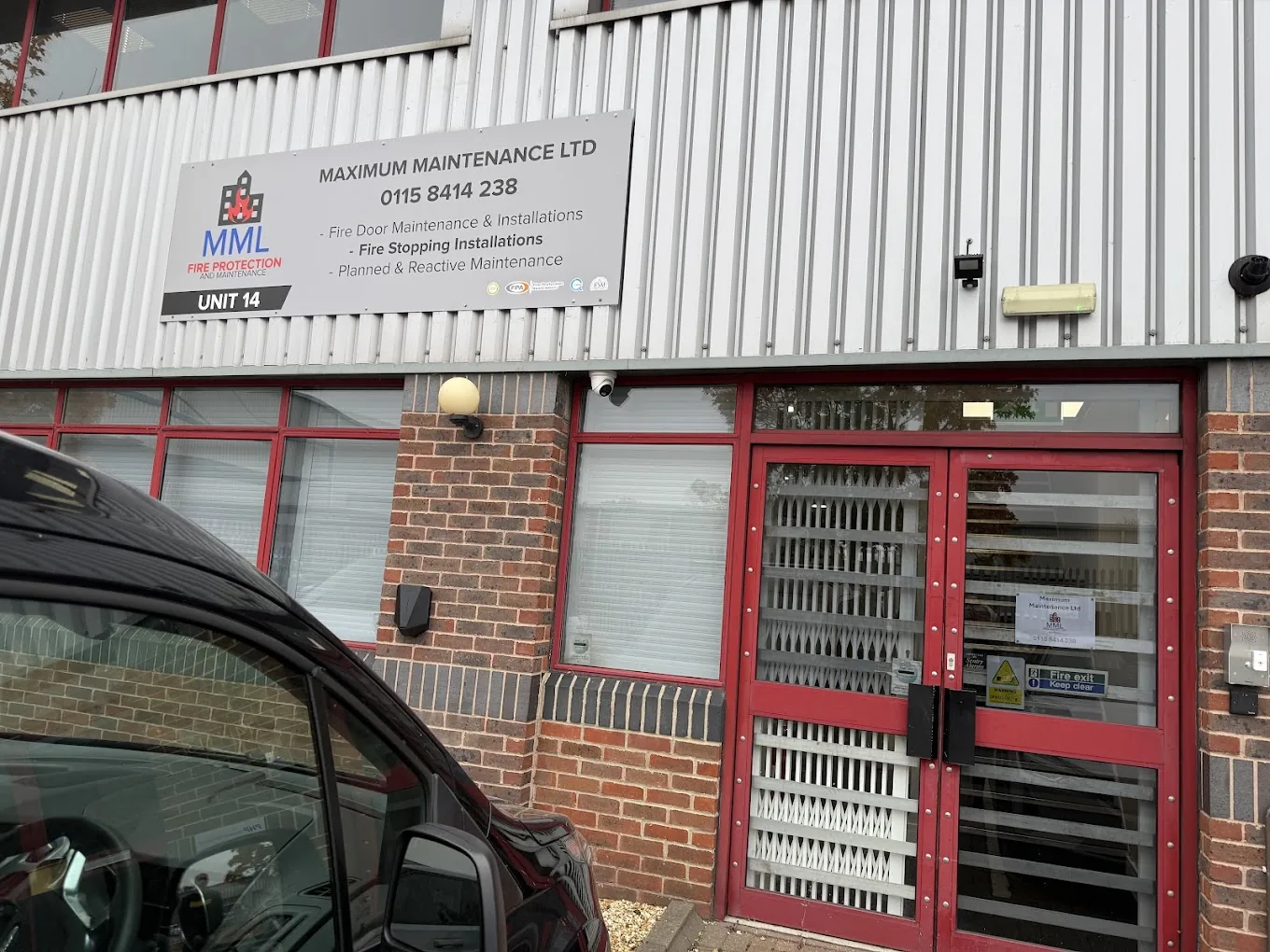 Maximum Maintenance Ltd office entrance (Unit 14).